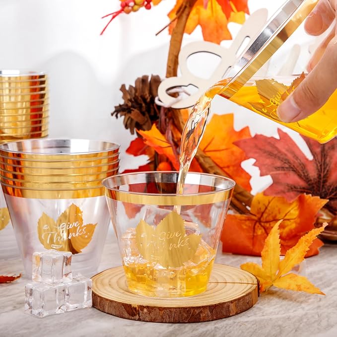 DaYammi 60Pcs Thanksgiving Gold Plastic Cups 9 Oz Gold Rimmed Clear plastic Cups gold Thanksgiving Disposable Party Cups Plastic Drinking Cup Cocktail Glasses Disposable Wine Glasses