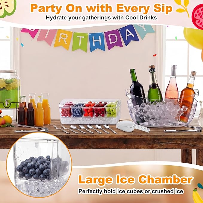 17 Pcs Mimosa Bar Supplies Include Clear Ice Bucket 5l Plastic Wine Tub with Scoops, Garnish Tray Ice Chilled Condiment Server Bar Caddy with Lid Forks Tong for Party Beverage Serving