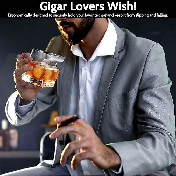 Cigar Whiskey Glass with Cigar Holder-Old Fashioned Glass Set with Cigar Accessories-Crystal Whisky Glass Set with Indented Cigar Rest for Bourbon,Cocktail, Gifts for Men/Dad/Husband(9.5oz)