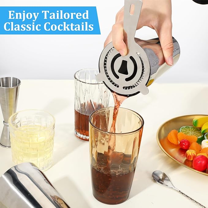 Professional Cocktail Shaker, Professional 5-Piece Bartender Kit with Boston Shaker, Hawthorne Strainer, Double Measuring Cocktail Jigger, and 10-inch Mixing Spoon, Stainless Steel Martini Shakers