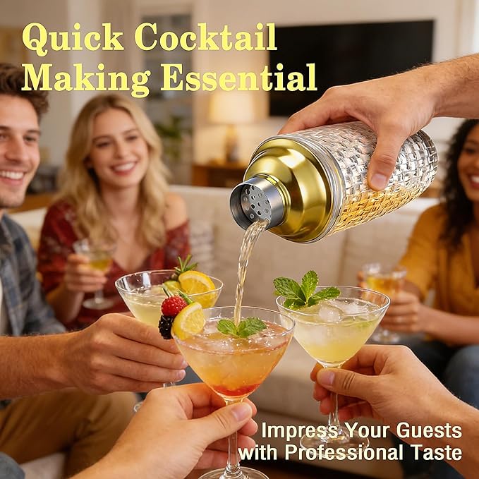 Cocktail Shaker Set - Gold Drink Shaker Bottle with Muddler Professional Martini Shaker Glass for Home Bartender 13.5 Oz Drink Mixer with Measuring Jigger and Built-In Strainer