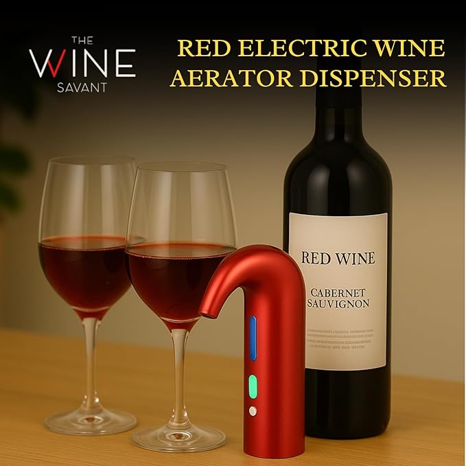 Electric Wine Aerator Dispenser - Portable Premium Opener Accessory for Red & White Wines - Touch Activated Aeration for Spirits - Spout Pourer - Beginner and Enthusiast Gift (RED)