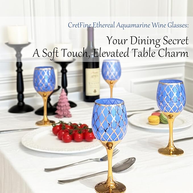 Blue and Gold Gold Wine Glasses Set of 2, Colored Long Stemmed and Rimmed Decorative Fancy Crystal Glassware, Cobalt Goblets for Gifts, Wedding, Festival, Birthday, Thanksgiving, 12oz
