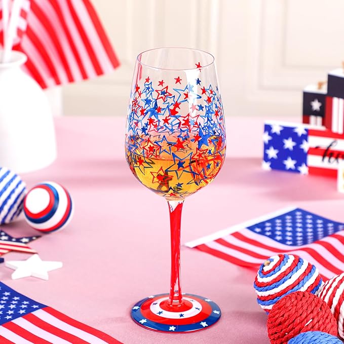 SiliFine 2 Pcs Independence Day 4th of July Party Stemmed Wine Glasses Hand Painted USA American Flag Star Drinking Cup Wine Glasses Gifts for Patriotic Theme Holiday Supplies