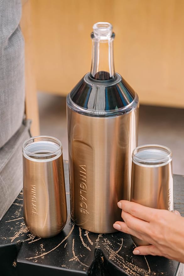 Vinglacé Champagne Bottle Chiller Gift Set- Portable Stainless Steel Sparkling Wine Cooler with 2 Stemless Champagne Flutes, Copper