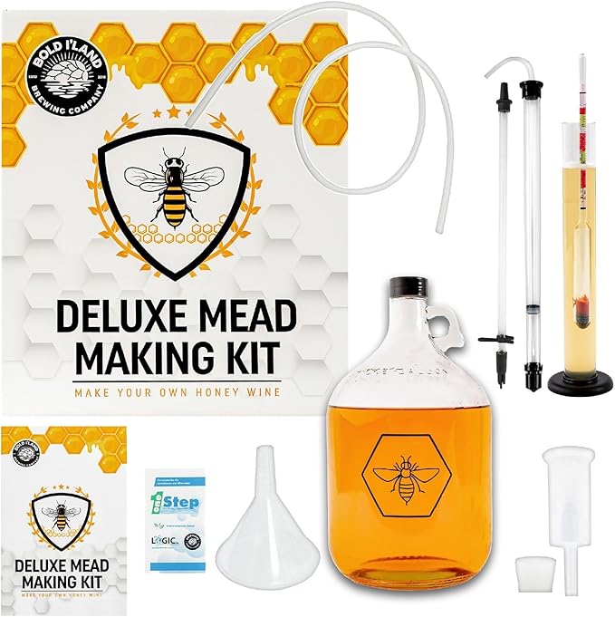Complete Mead Making Kit for Beginners – Home Brewing Starter Kit – Includes 1 Gallon Glass Jug Carboy - Alcohol Hydrometer for Alcohol Test – Auto Siphon – Airlock – How to Guide and More