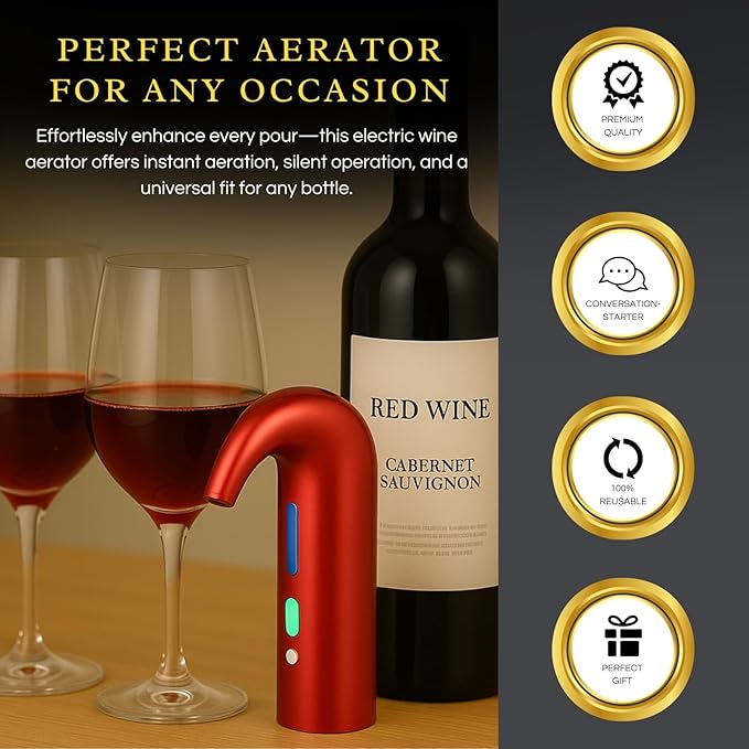 Electric Wine Aerator Dispenser - Portable Premium Opener Accessory for Red & White Wines - Touch Activated Aeration for Spirits - Spout Pourer - Beginner and Enthusiast Gift (RED)
