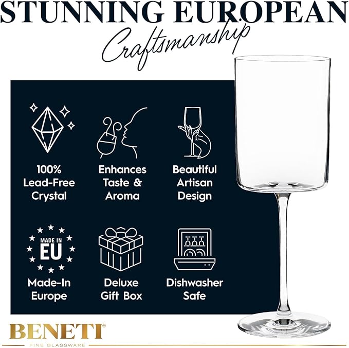 BENETI Square Crystal Wine Glasses Set Of 4 - European-made Handblown 14 oz Gift Packed Glasses - Large White & Red Wine Goblets W/Laser-cut Rim, Dishwasher-safe Clear glass gifts Set