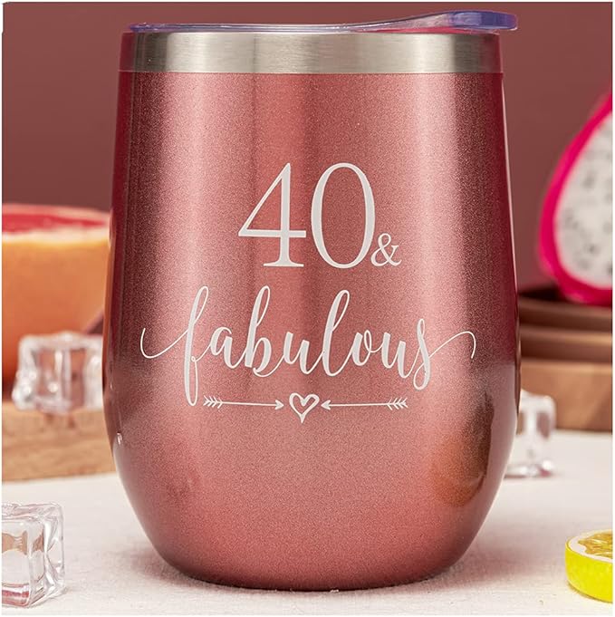 Crisky Rose Gold 40 & Fabulous Wine Tumbler for Women 40th Birthday Gifts for Women, Wife, Mom, Sister, Aunt, Friends, Coworker Her, Vacuum Insulated Coffee Cup,12oz with Box, Lid, Straw