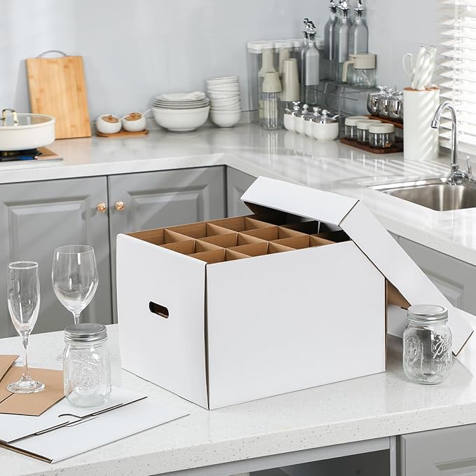 Feifeiya 4 Pack Wine Glass Moving Boxes Kitchen Moving Boxes with Handle Kitchen Kit with Lid for Dish Glassware(White,15 x 12 x 10 Inches)