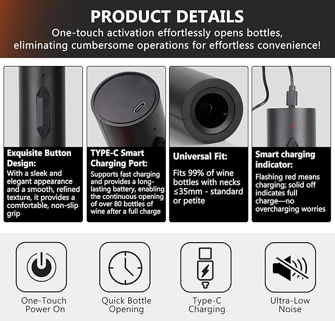 Rechargeable Electric Wine Bottle Opener - NUCOKRS One-click Button Corkscrew Remover Easy to Use for Wine Lovers Home Kitchen Party Wedding
