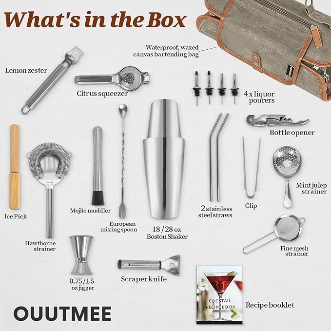 Travel Bartender Kit Bag with 22-Pc Cocktail Shaker Set, Waxed Canvas Protable Carrying Bartender Bag with Stainless Steel Bar Tool Set, Roll-Up Bartenders Kits for Professional Bartenders