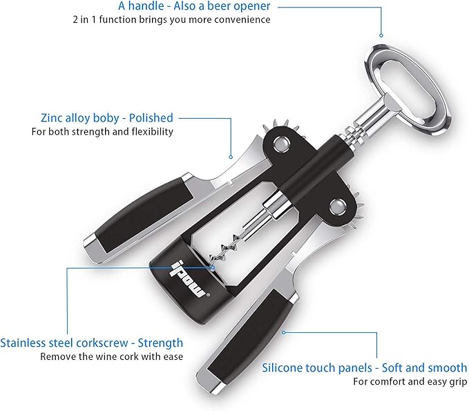 IPOW Wine Opener, Zinc Alloy Wine Bottle Opener, Wing Corkscrew Heavy Duty, Manual Multifunctional Cork Screw for Waiter,
