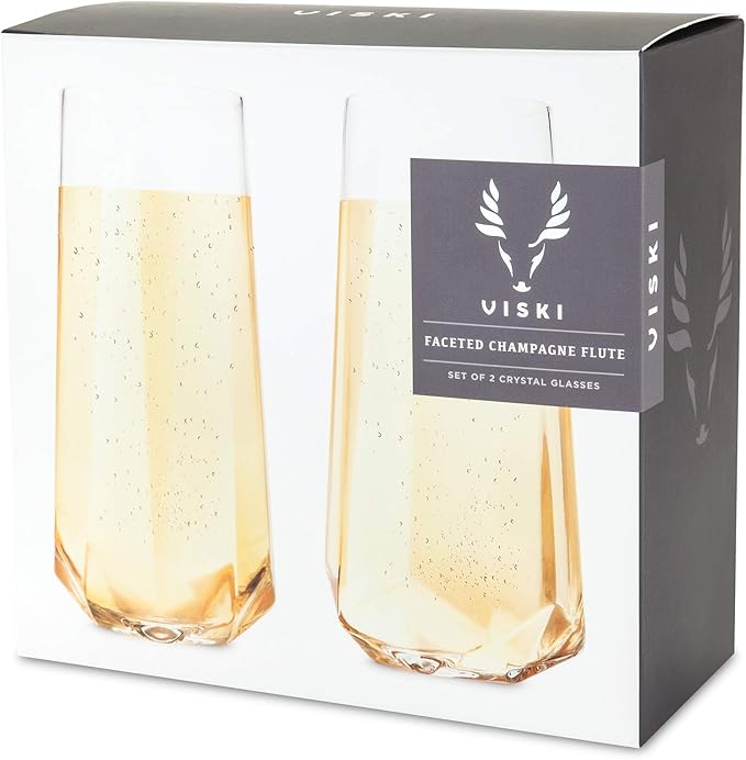 Viski Seneca Faceted Stemless Champagne Flutes, Crystal Clear Sparkling Wine Glasses for Prosecco, Sparkling Cocktails, Mimosas, Elegant Glassware for Wedding Gifts, Home Bar, 9 oz, Set of 2