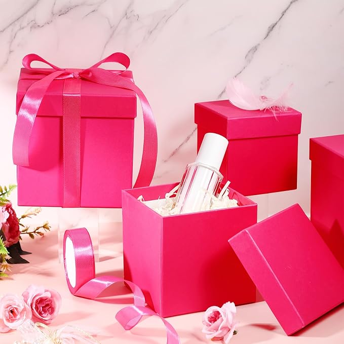 Cholemy 5 Pcs Square Nesting Boxes Decorative Gift Boxes with Lid and Ribbon Assorted Sizes Wrap for Wedding, Carnival, Anniversary, Birthday, Bridal Shower Party Gifts(Hot Pink)