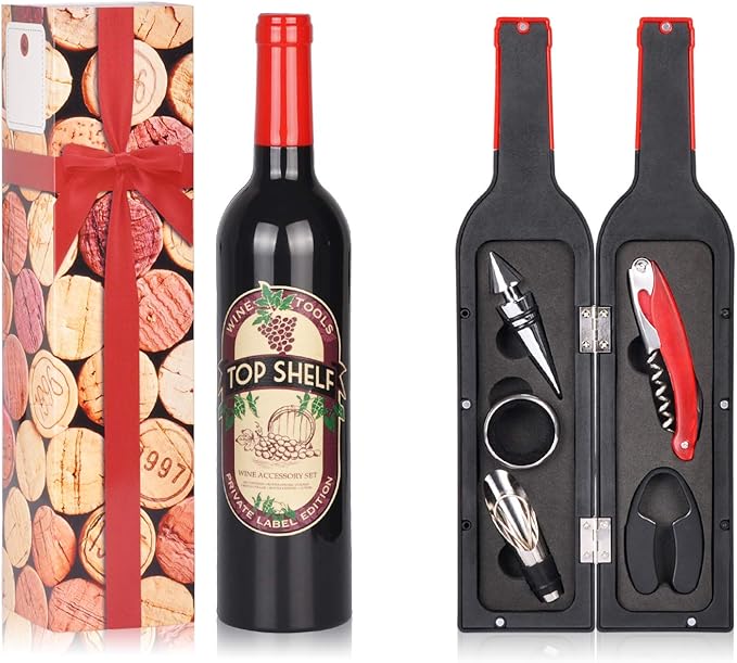 Wine Accessories Gift Set - 5 Pcs Deluxe Wine Corkscrew Opener Sets Bottle Shape in Elegant Gift Box