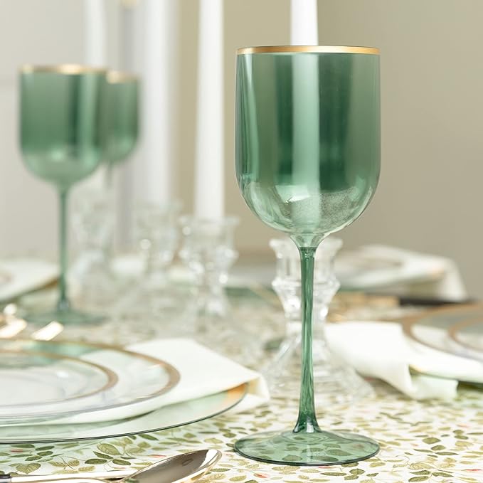 PLASTICPRO Green Wine Cup with Gold rim Plastic Wine Glasses Set of 5 Elegant Wine Goblets Hard Plastic Wine Cups on Stem 12 Ounce
