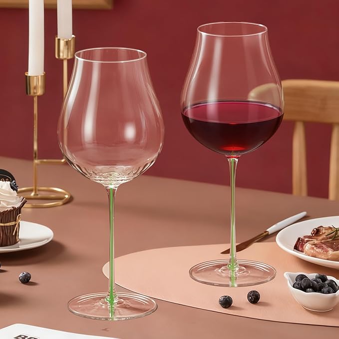 KAMMAK Wine Glasses Set of 2, 24.35 oz Hand Blown Crystal Bordeaux Wine Glasses, Thin Rim & Long Stem, Perfect for Red & White, Daily Use, Wedding or Birthday Gift with Gift Box, Burgundy Green