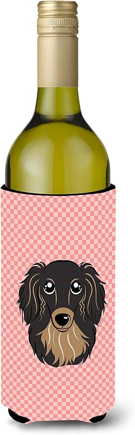 Caroline's Treasures BB1213LITERK Checkerboard Pink Longhair Black and Tan Dachshund Wine Bottle Hugger Bottle Cooler Sleeve Hugger Machine Washable Collapsible Insulator Beverage Insulated Holder