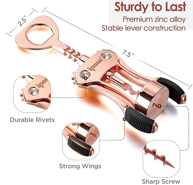 IPOW Wine Opener, Zinc Alloy Wine Bottle Opener, Wing Corkscrew Heavy Duty, Manual Multifunctional Cork Screw for Waiter,Rose Gold