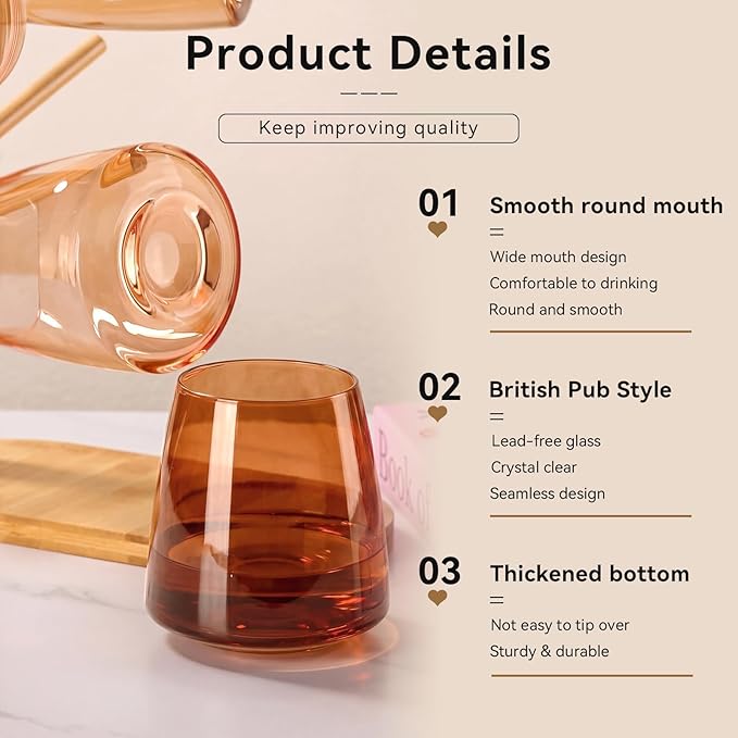 Melanin stemless wine Glasses Set of 6 Brown stemless wine glasses for Wine water,whiskies, juices, cocktails,Unique Gifts for Mother day Birthday Wedding Party