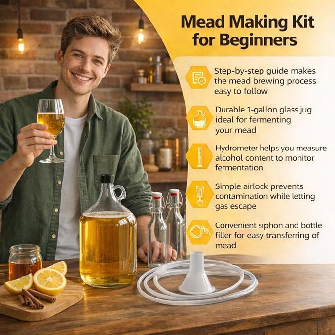 Complete Mead Making Kit for Beginners – 1 Gallon Glass Carboy Fermentation Set, Includes Airlock, Hydrometer, Auto Siphon & 4 Bottles – Easy Home Brewing Starter Kit for Mead, Wine & Fruit Wine