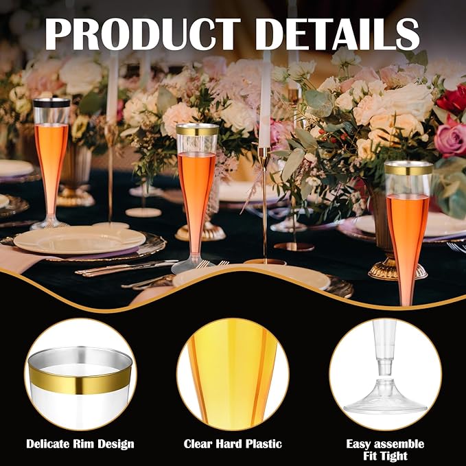 Jingmore 60 Pcs Plastic Champagne Flutes 4.5 oz Clear Disposable Wine Glasses Cocktail Cup Champagne Glass for Wedding Graduation Summer Party Favor Mimosa Bar Supplies (Black,Gold)