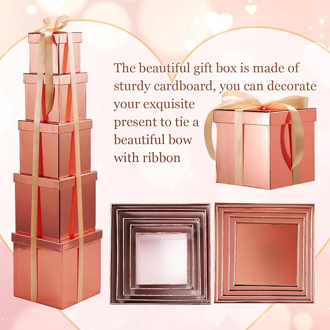 Cholemy 5 Pcs Square Nesting Boxes Decorative Gift Boxes with Lid and Ribbon Assorted Sizes Wrap for Wedding, Carnival, Anniversary, Birthday, Bridal Shower Party Gifts(Shiny Rose Gold)