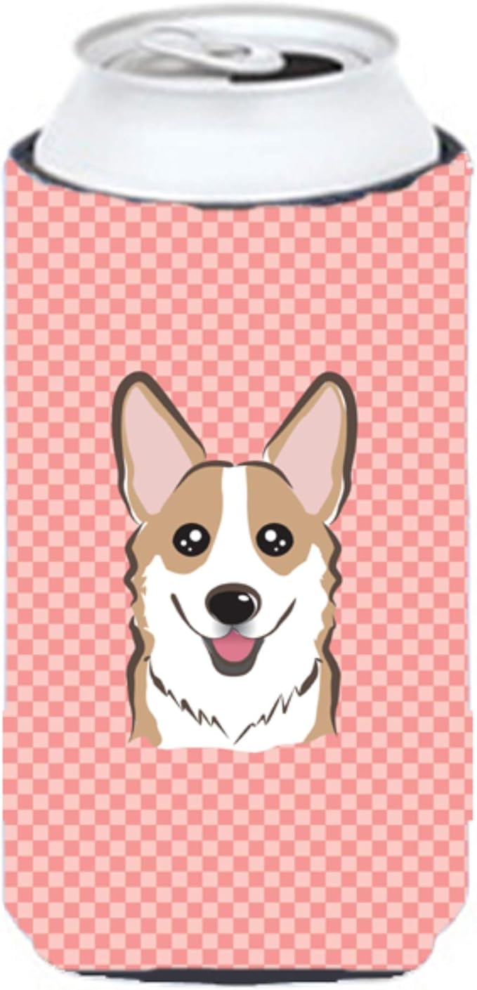 Caroline's Treasures BB1253TBC Checkerboard Pink Corgi Tall Boy Hugger Can Cooler Sleeve Hugger Machine Washable Drink Sleeve Hugger Collapsible Insulator Beverage Insulated Holder