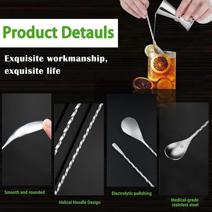 ABK 6PCS 12 Inch Bar Spoon，18/10 Stainless Steel Spiral Pattern Cocktail Stirrers Spoons ，Long Handle Cocktail Mixing Stirrers