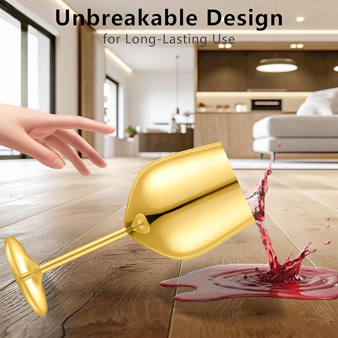Stainless Steel Wine Glasses, Unbreakable Gold Wine Glass 18 oz Unique Metal Wine Goblets for Outdoor, Travel, Camping, Pool, Ideal Gift for Wine Lovers (6 Cups + 1 Bottle Opener)