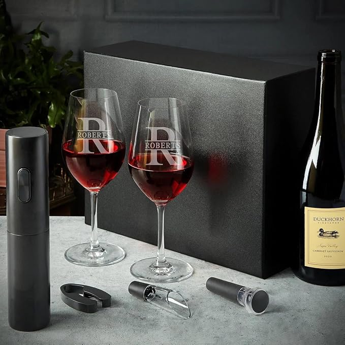 Custom Wine Glasses Set - 6pc Engraved Wine Glasses with Electric Opener, Wine Accessories, and Luxury Box