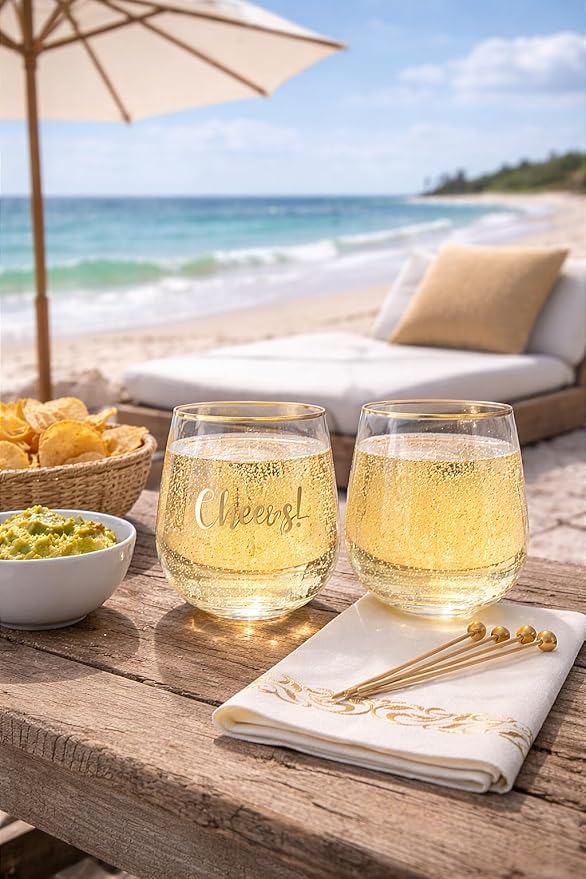 Plastic Wine Glasses Stemless Disposable 12 oz with Gold Rim - 30 Guests Party Drinkware Set, 30 Plastic Cups, 30 Napkins & 50 Cocktail Picks - BPA-Free, Shatterproof, Reusable, Recyclable