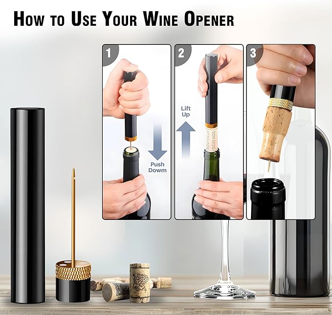 Mini Wine Opener | Travel Portable Pocket Air Pressure Pump Wine Bottle Opener | Silver Metal 7S Quick Bottle Opening | For Home, Restaurant, Party, Wine Lovers