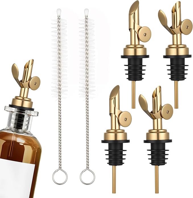 4 PCS Olive Oil Spout, Oil Spout for Olive Oil Bottle, Stainless Steel Self Closing Bottle Pourers, Weighted Oil Dispenser with Funnel and Brush for Wine, Vinegar, Syrup, Kitchen and Bar