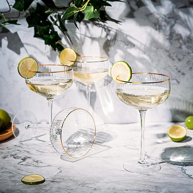 Gold Rim Coupe Glasses 11 oz, Set of 4 Classic Manhattan Glasses - Martini, Cocktails, Champagne, Wine & Water, Coupes Gilded Rimed, Crystal Stemmed, Short Stem Sets Perfect for Drinking Champagne