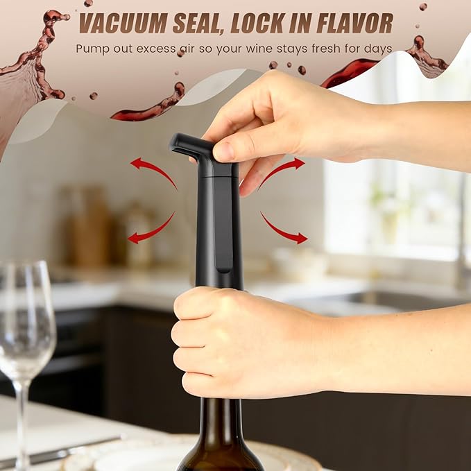 Wine Stopper, Wine Saver Vacuum Pump with 4 Reusable Stoppers, Wine Bottle Preserver & Sealer Keeps Fresh Longer, Ergonomic Handle, ideal Gift