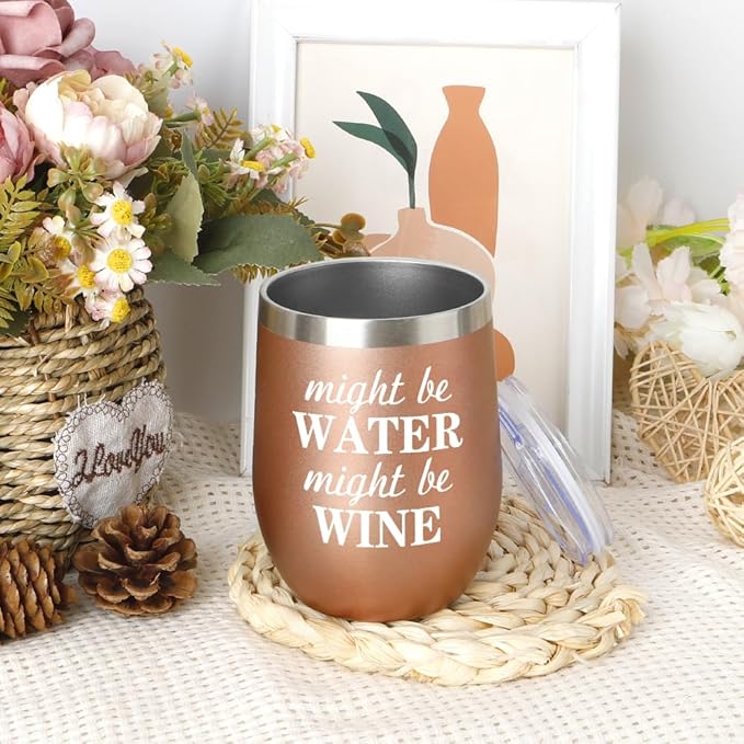 Wine Tumbler with Lid 12oz Birthday Gifts for Women Graduation Gifts for Coworker Mom Dad Friends Brother Sister Uncle Aunt Rose Gold Novelty Gift for Birthday Valentines Easter Basket Stuffers