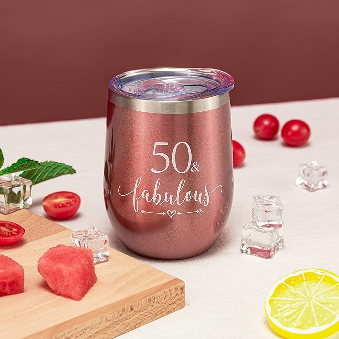Crisky Rose Gold 50 & Fabulous Wine Tumbler for Women 50th Birthday Gifts for Women, Wife, Mom, Sister, Aunt, Friends, Coworker Her, Vacuum Insulated Coffee Cup,12oz with Box, Lid, Straw