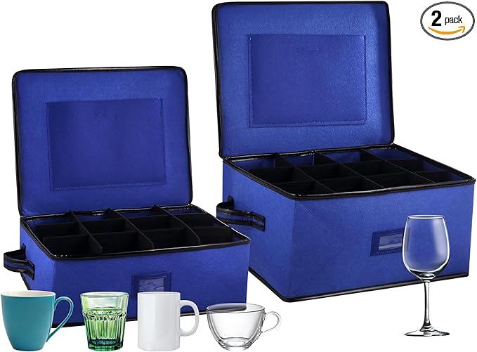 2 Pack Glass Storage Box with Dividers for Mugs & Glassware Coffee Cup Kit Stemware Storage Containers for Packing and Moving 12 Crystal Glassware, Wine Glasses, Drinkware (Blue)