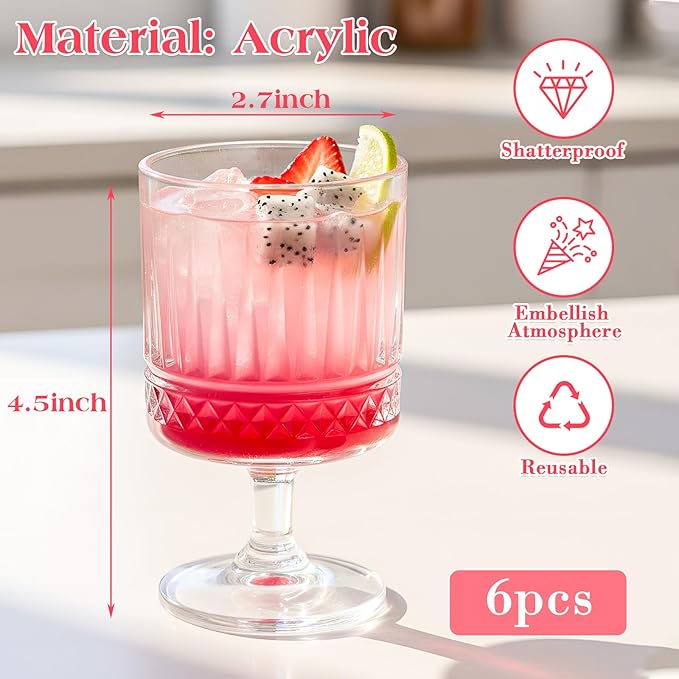 FillTouch 6 Pcs Mini Wine Glasses Bulk, 7.5 oz Small Acrylic Goblets Set, Unbreakable Clear Wine Cups Bulk Cocktail Glasses for Mother's Day Wedding Birthday Guest Graduation Party Supllies (Rhombus)