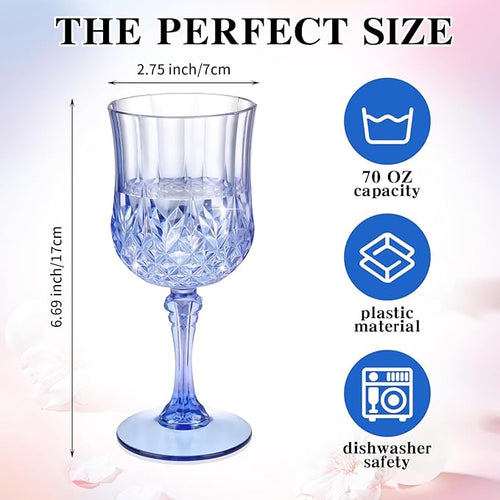 7OZ Plastic Wine Glasses, Disposable Goblets Drinking Glasses Crystal Vintage Water Cups Unbreakable Champagne Glasses for Wedding, Parties, Valentine's Day (Blue)