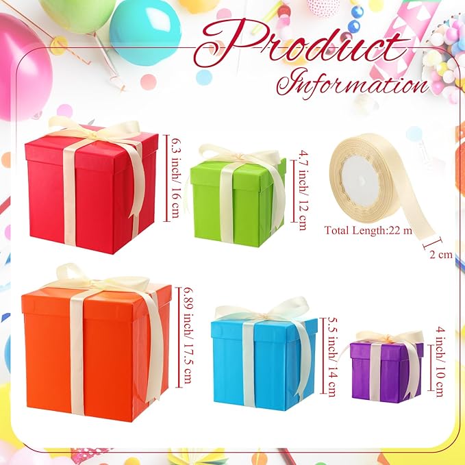 Cholemy 5 Pcs Square Nesting Boxes Decorative Gift Boxes with Lid and Ribbon Assorted Sizes Wrap for Wedding, Carnival, Anniversary, Birthday, Bridal Shower Party Gifts(Multicolor)