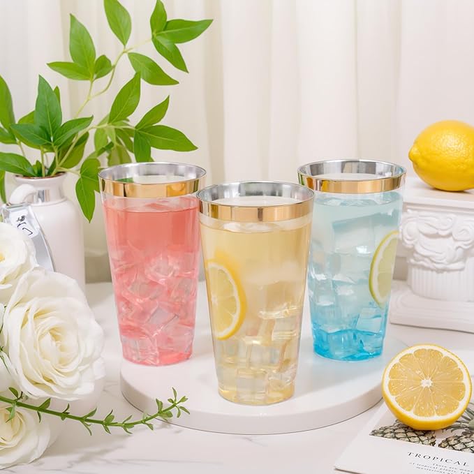DaYammi 100 Pack Gold Plastic Cups 16 Oz Elegant Clear Plastic Cups Gold Rimmed Disposable Wine Glasses Fancy Disposable Party Cup Wedding Cup Drinking Tumblers Cocktail Glasses with Gold Rim