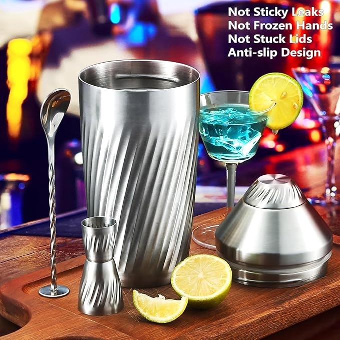 Hybrid Cocktail Shaker Set - Innovative Premium Vacuum Insulated Stainless Steel Drink Shaker Double Wall Margarita Mixer Jigger & Mixing Spoon Set - Martini Shaker for Home Bartender - 28oz