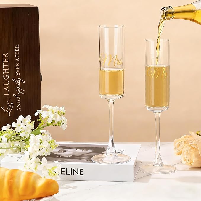 Mr and Mrs Champagne Flutes Set of 2, Crystal Bride and Groom Champagne Glasses, Engagement Bridal Shower and Registry Gifts for Couple Newlyweds, Wedding Anniversary Toasting Glasses with Wooden Box