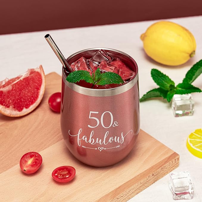 Crisky Rose Gold 50 & Fabulous Wine Tumbler for Women 50th Birthday Gifts for Women, Wife, Mom, Sister, Aunt, Friends, Coworker Her, Vacuum Insulated Coffee Cup,12oz with Box, Lid, Straw