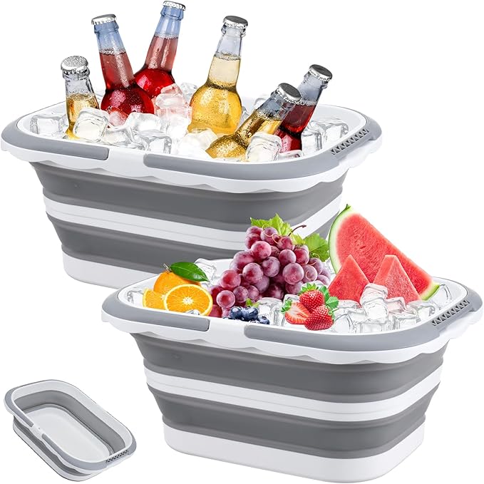 2 Pack Ice Buckets for Parties, Foldable Beverage Tub, Collapsible Ice Bucket for Wine Beer Champagne, Large Beer Ice Buckets Drink Cooler, Space Saving Ice Storage Tub Ice Cube Bin (8.5L*2)