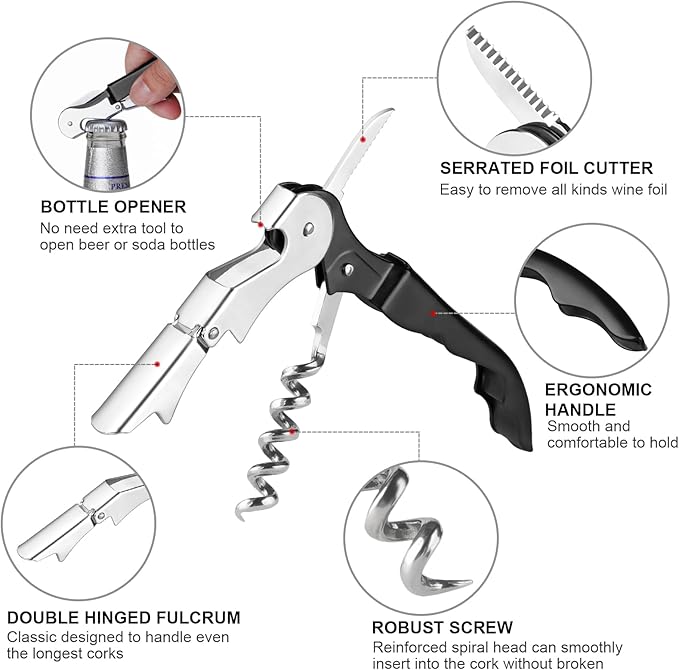 Professional Heavy Duty Wine Opener, Compact and Foldable Wine Key, Strength Stainless Steel corkscrew, Double Hinged, Foil Cutter, Ideal Tools for Servers, Bartenders, Sommelier (Black).