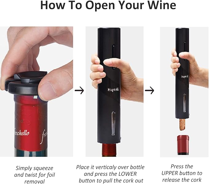 Exptolii Electric Wine Opener, Automatic Bottle Corkscrew with Foil Cutter, Vacuum Stopper and Wine Aerator Pourer